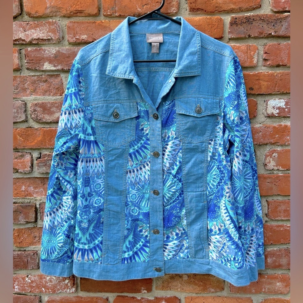 Chico’s Blue Watercolor Pieced Chambray Jacket Button Front 3/XL